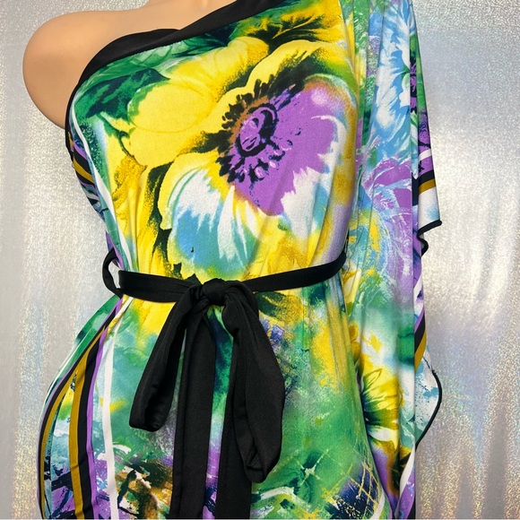 Entry blouse tie at waist one shoulder bay wing belted open shoulder floral top - Picture 6 of 13